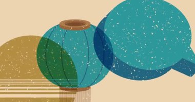 Çin feneri ve geometrik şekilli konuşma balonu animasyonu. Moda riso grafik tasarım videosunda nesne taşınıyor.