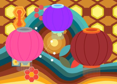 70 'lerin gerisinde Çin feneriyle birlikte. Modern Geleneksel 1970 'lerin sanat şablonu. Minimalist Vintage tasarım posteri. Eski moda renkli sanat eserleri.