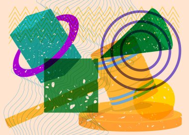 Geometrik şekilli Risograph Gavel. Geometri elemanları ile modayı gösteren riso grafik desen tasarımı nesneleri.