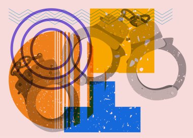 Geometrik şekilli kelepçe. Geometri elemanları ile modayı gösteren riso grafik desen tasarımı nesneleri.