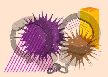 Geometrik şekilli kelepçe. Geometri elemanları ile modayı gösteren riso grafik desen tasarımı nesneleri.