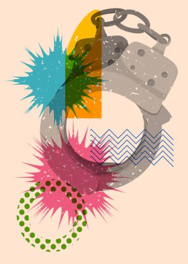 Geometrik şekilli kelepçe. Geometri elemanları ile modayı gösteren riso grafik desen tasarımı nesneleri.