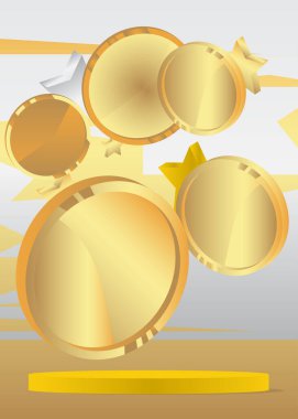 Altın Sikke 'yle taklit ürün sergisi. Vektör silindirli kaide podyumu. Sunum için sahne gösterisi. En küçük geometrik biçimler.