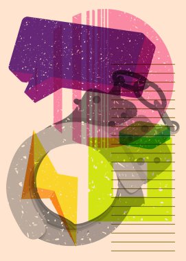Geometrik şekilli konuşma baloncuklu kelepçe. Geometri elemanları ile modayı gösteren riso grafik desen tasarımı nesneleri.