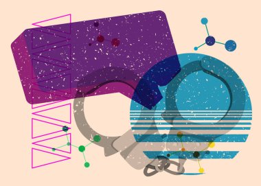 Geometrik şekilli konuşma baloncuklu kelepçe. Geometri elemanları ile modayı gösteren riso grafik desen tasarımı nesneleri.