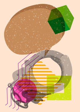 Geometrik şekilli konuşma baloncuklu kelepçe. Geometri elemanları ile modayı gösteren riso grafik desen tasarımı nesneleri.
