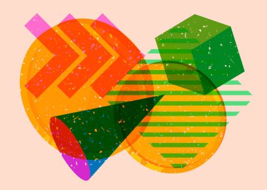 Geometrik şekilli Risograph Gold Coin. Geometri elemanları ile modayı gösteren riso grafik desen tasarımı nesneleri.