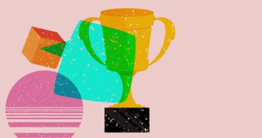 Risograph Turnuva Ödülü Kupası ve geometrik şekilli konuşma balonu animasyonu. Moda riso grafik tasarım videosunda nesne taşınıyor.