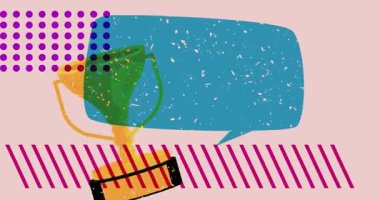 Risograph Turnuva Ödülü Kupası ve geometrik şekilli konuşma balonu animasyonu. Moda riso grafik tasarım videosunda nesne taşınıyor.