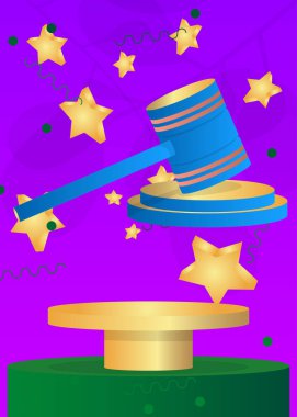 Gavel 'le birlikte ürün tasarımı. Vektör silindirli kaide podyumu. Sunum için sahne gösterisi. En küçük geometrik biçimler.