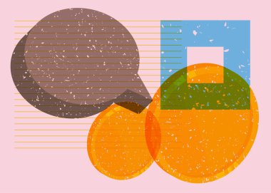 Geometrik şekilli konuşma baloncuklu Risograph Gold Coin. Geometri elemanları ile modayı gösteren riso grafik desen tasarımı nesneleri.