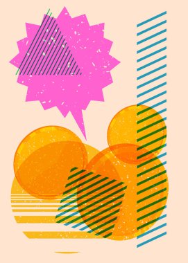 Geometrik şekilli konuşma baloncuklu Risograph Gold Coin. Geometri elemanları ile modayı gösteren riso grafik desen tasarımı nesneleri.