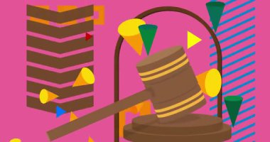Gavel ve geometrik grafik retro fon videosu. Minimum geometrik elementler animasyonu. Klasik soyut şekiller reklam için resimleme.