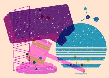 Geometrik şekilli konuşma baloncuğu ile Gavel 'i riske at. Geometri elemanları ile modayı gösteren riso grafik desen tasarımı nesneleri.