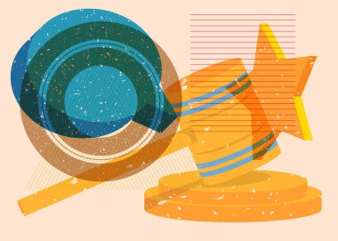 Geometrik şekilli konuşma baloncuğu ile Gavel 'i riske at. Geometri elemanları ile modayı gösteren riso grafik desen tasarımı nesneleri.