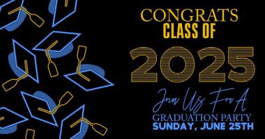 2025 mezunlarının şerefine. Üniversite mezuniyet şablonu için animasyon tasarım davetiyesi. Mezuniyet etkinliği, selamlama.