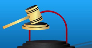 Gavel 'le birlikte ürün tasarımı. Animasyon silindiri kaide podyumu. Sunum için sahne gösterisi videosu. En küçük geometrik biçimlerin taşınması.