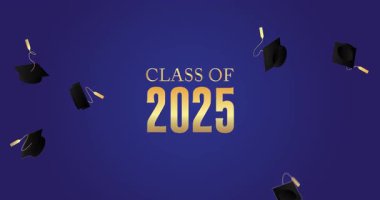 2025 sınıfı. Üniversite mezuniyet şablonu için animasyon tasarım davetiyesi. Mezuniyet etkinliği, selamlama.