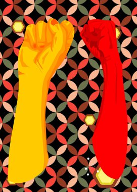 Sıkışmış 70 'lerin Geçmişi. 1970 'lerin sanat şablonunda harika yumruklar havada uçuşuyor. Minimalist Vintage tasarım posteri. Eski moda renkli sanat eserleri.