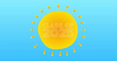 2025 sınıfı, mavi gökyüzünde sıcak, sarı bir yaz güneşinin ortasında. Parlak turuncu güneş ışığının basit bir animasyonu.