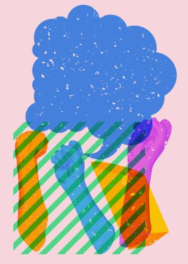 Geometrik şekilli konuşma baloncuğuyla sarılmış Risograph. Geometri elemanları ile modayı gösteren riso grafik desen tasarımı nesneleri.