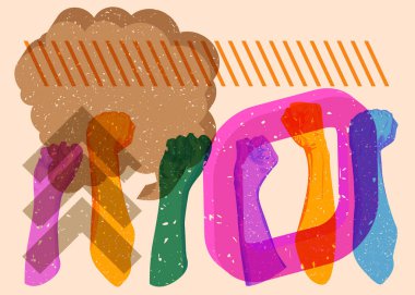 Geometrik şekilli konuşma baloncuğuyla sarılmış Risograph. Geometri elemanları ile modayı gösteren riso grafik desen tasarımı nesneleri.