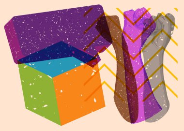 Geometrik şekilli konuşma baloncuğuyla sarılmış Risograph. Geometri elemanları ile modayı gösteren riso grafik desen tasarımı nesneleri.
