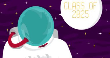 2025 Sınıfı Metin 'le astronot uzayda. Çizgi film animasyonu. 4k HD Biçimli Çözünürlük videosu.