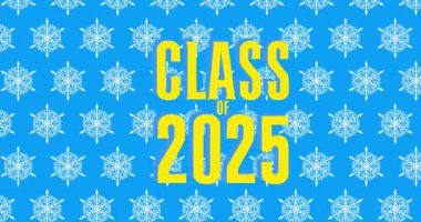 Mavi arkaplanda 2025 sınıfı metni olan kar tanesi. Kış çizgi filmi videosu. Mevsimlik Kar Canlandırması.