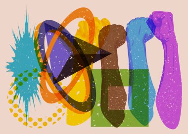 Geometrik şekilli, sıkılmış bir yumruk. Geometri elemanları ile modayı gösteren riso grafik desen tasarımı nesneleri.