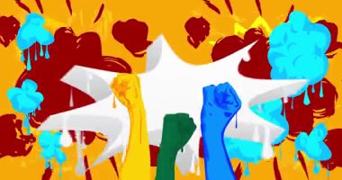 Graffiti etiket animasyonunda sıkılmış, yumruklarını kaldırmış. Soyut modern sokak sanatı video dekorasyonu şehir boyama tarzında gerçekleştirildi.