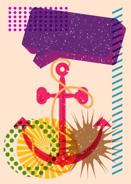 Geometrik şekilli konuşma baloncuklu Risograph Anchor. Geometri elemanları ile modayı gösteren riso grafik desen tasarımı nesneleri.