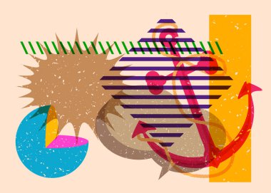 Geometrik şekilli konuşma baloncuklu Risograph Anchor. Geometri elemanları ile modayı gösteren riso grafik desen tasarımı nesneleri.