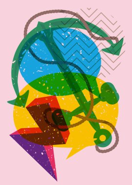Geometrik şekilli konuşma baloncuklu Risograph Anchor. Geometri elemanları ile modayı gösteren riso grafik desen tasarımı nesneleri.