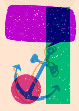 Geometrik şekilli konuşma baloncuklu Risograph Anchor. Geometri elemanları ile modayı gösteren riso grafik desen tasarımı nesneleri.