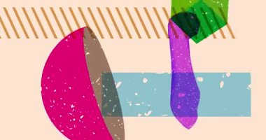 Geometrik şekiller animasyonu ile yapılan bir gösteride Risograph sıkılmış, yumruklarını kaldırmış. Moda riso grafik tasarım videosunda nesne taşınıyor.