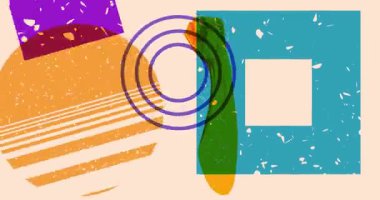 Geometrik şekiller animasyonu ile yapılan bir gösteride Risograph sıkılmış, yumruklarını kaldırmış. Moda riso grafik tasarım videosunda nesne taşınıyor.