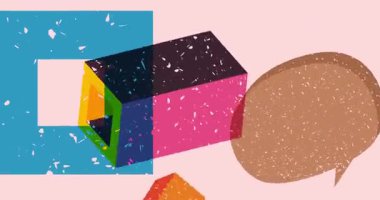 Geometrik şekilli Risograph konuşma balonu animasyonu. Moda riso grafik tasarım videosunda nesne taşınıyor.