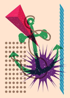 Geometrik şekilli Risograph Anchor. Geometri elemanları ile modayı gösteren riso grafik desen tasarımı nesneleri.