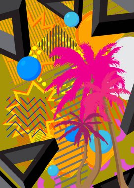 Palm Tree geometrik grafik retro temalı arka plan. Minimum geometrik elementler. Klasik soyut şekiller vektör illüstrasyonu.