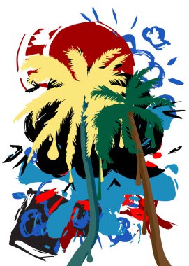 Palmiye ağacı grafitisi. Soyut modern sokak sanatı dekorasyonu kentsel resim tarzında gerçekleştirildi.