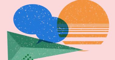 Geometrik şekilli Risograph konuşma balonu animasyonu. Moda riso grafik tasarım videosunda nesne taşınıyor.