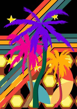 Retro 70 'lerin Palm Tree' si. Muhteşem Tropikal 1970 'lerin sanat şablonu. Minimalist Vintage tasarım posteri. Eski moda renkli sanat eserleri.