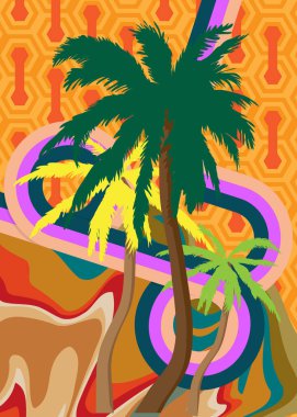 Retro 70 'lerin Palm Tree' si. Muhteşem Tropikal 1970 'lerin sanat şablonu. Minimalist Vintage tasarım posteri. Eski moda renkli sanat eserleri.