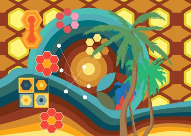 Retro 70 'lerin Palm Tree' si. Muhteşem Tropikal 1970 'lerin sanat şablonu. Minimalist Vintage tasarım posteri. Eski moda renkli sanat eserleri.