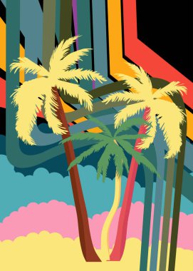 Retro 70 'lerin Palm Tree' si. Muhteşem Tropikal 1970 'lerin sanat şablonu. Minimalist Vintage tasarım posteri. Eski moda renkli sanat eserleri.