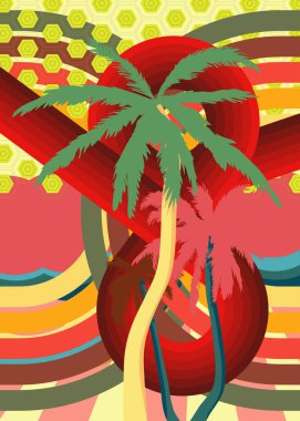 Retro 70 'lerin Palm Tree' si. Muhteşem Tropikal 1970 'lerin sanat şablonu. Minimalist Vintage tasarım posteri. Eski moda renkli sanat eserleri.
