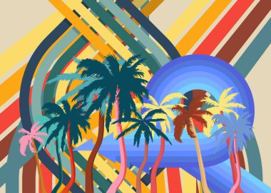 Retro 70 'lerin Palm Tree' si. Muhteşem Tropikal 1970 'lerin sanat şablonu. Minimalist Vintage tasarım posteri. Eski moda renkli sanat eserleri.