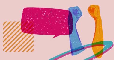 Geometrik şekilli bir gösteri ve konuşma balonunda yumruklarını sıktı, yumruklarını kaldırdı. Moda riso grafik tasarım videosunda nesne taşınıyor.