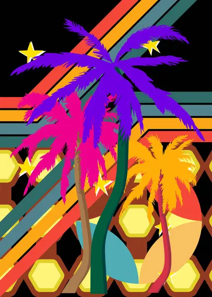 Retro 70 'lerin Palm Tree' si. Muhteşem Tropikal 1970 'lerin sanat şablonu. Minimalist Vintage tasarım posteri. Eski moda renkli sanat eserleri.